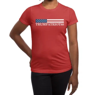 Red t-shirt with American flag design and 'TRUMPATRIOT88' text on a white background