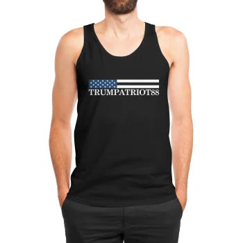 Black tank top with 'TRUMPATRIOT88' text and American flag design on a white background