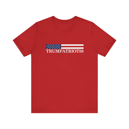 Red t-shirt with 'TRUMPATRIOT88' design on a white background